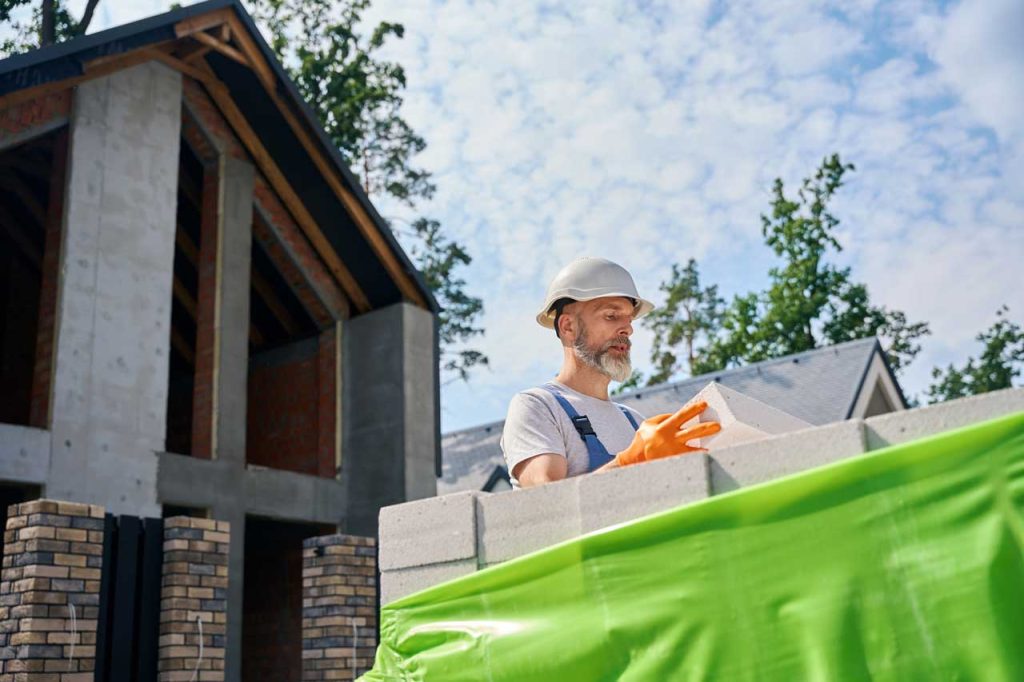 An experienced mason worker is examining the materials before starting the masonry work